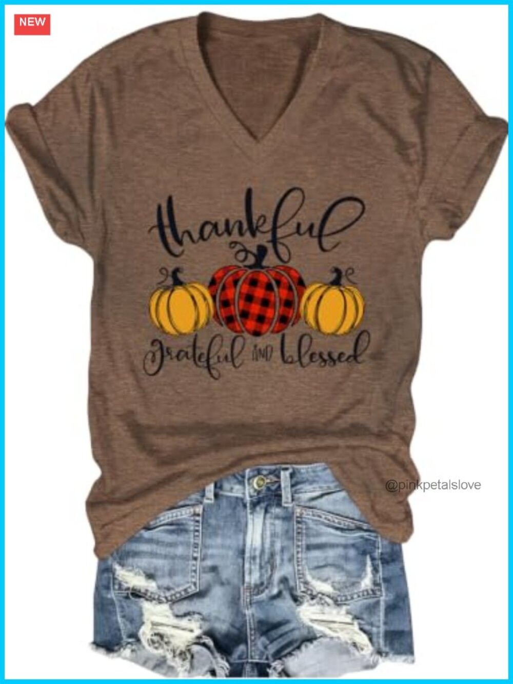 Thanksgiving V-Neck Short Sleeve T-Shirt Thankful Pumpkin Graphic Tee